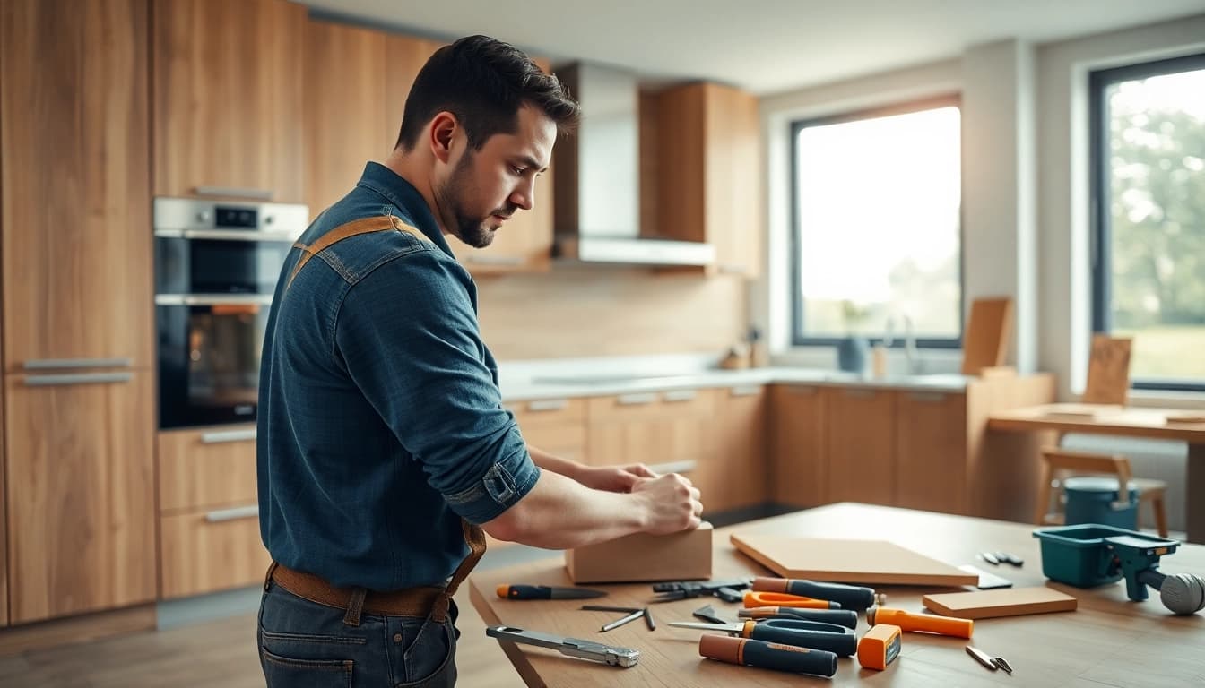 Skilled kitchen installer assembling cabinets for a modern kitchen setup.
