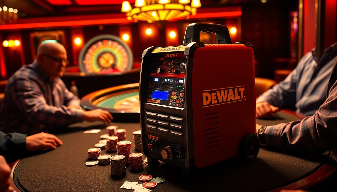 DeWalt welding machine enhances the excitement at a poker game table with vibrant colors.