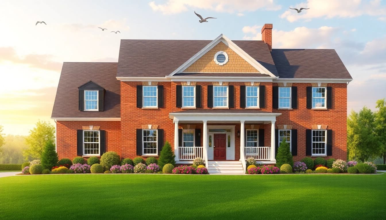 Showcasing a colonial home build with elegant architecture and inviting landscape.