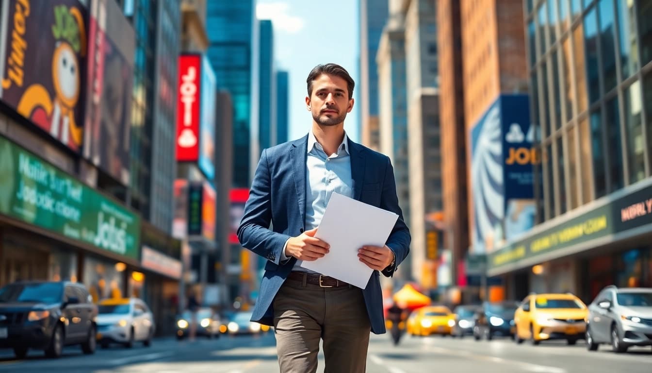 Confident job seeker in New York City actively searching for jobs new york opportunities.