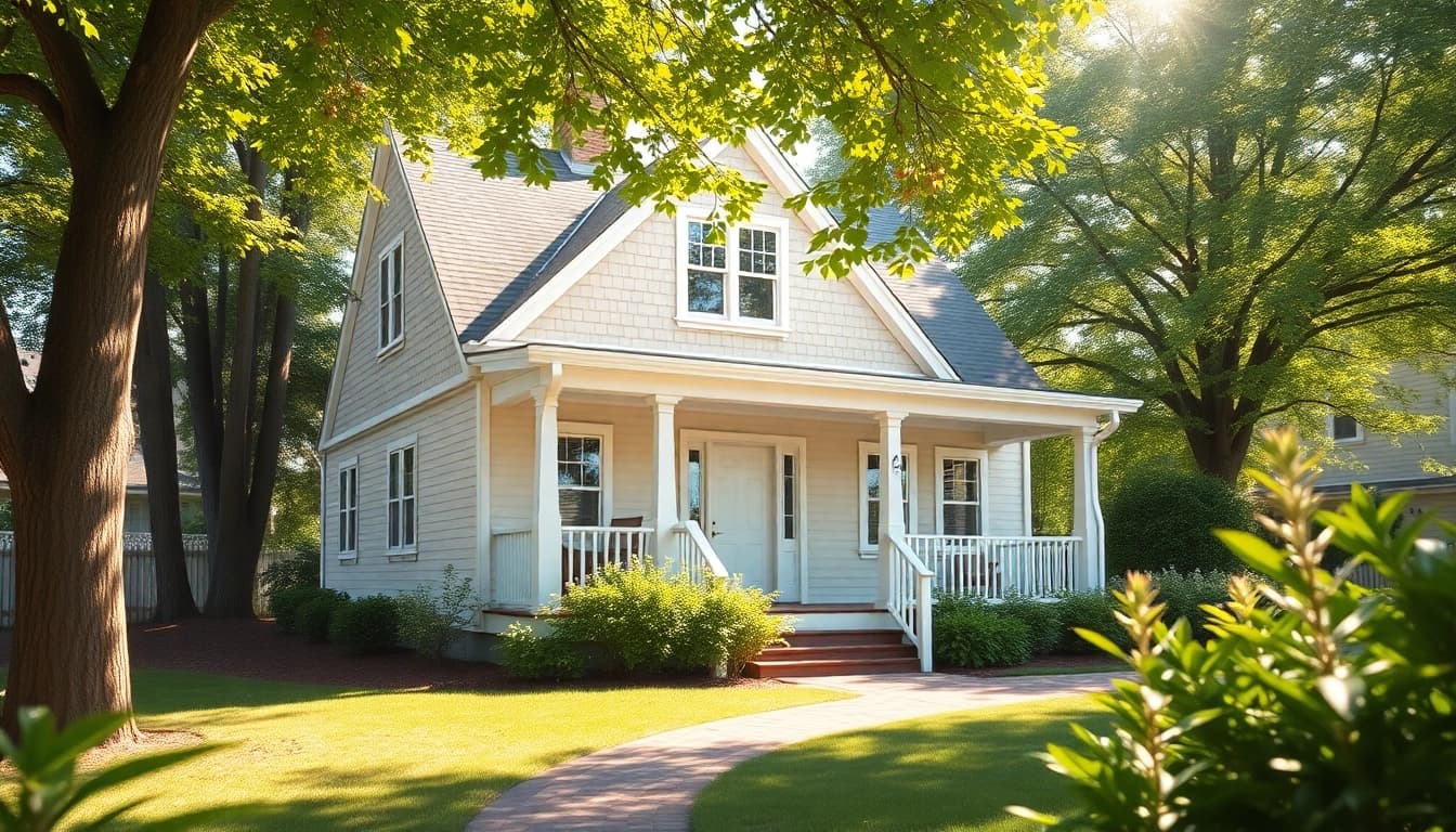 Cape Style Home In-Law Addition featuring a charming design with inviting porch and lush greenery.