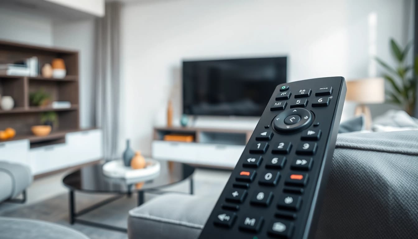Steuere deine Grundig Fernbedienung in einem modernen Wohnzimmer mit einem ergonomischen Design.