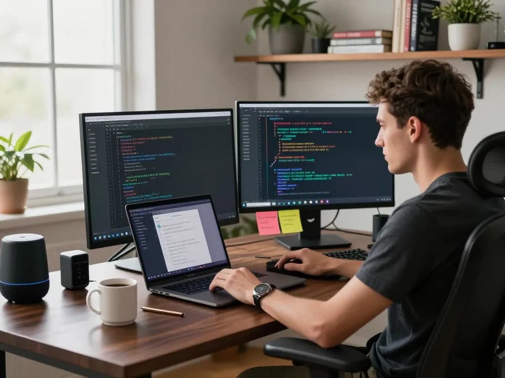 Moltbot AI at work in a modern home office, showcasing proactive communication and seamless tech integration.