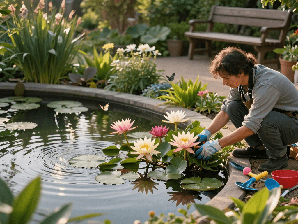 Buy Water Lilies in a tranquil garden pond with vibrant blooms and a gardener tending to the plants.