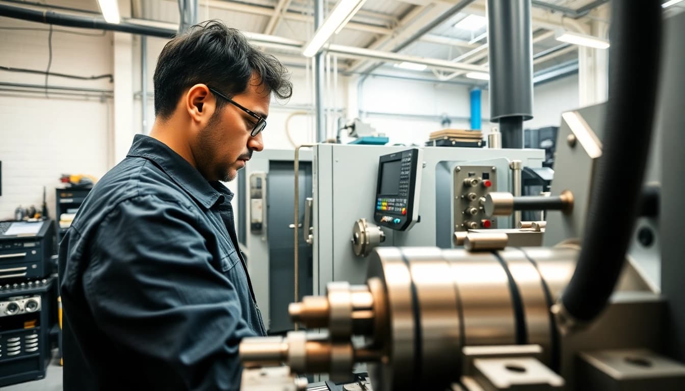 Custom part manufacturer operating a lathe machine in a modern workshop.