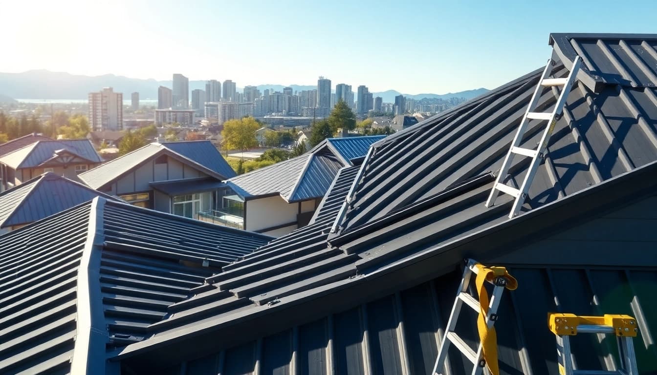 Installers showcasing high-quality metal roofing vancouver against a stunning city background.