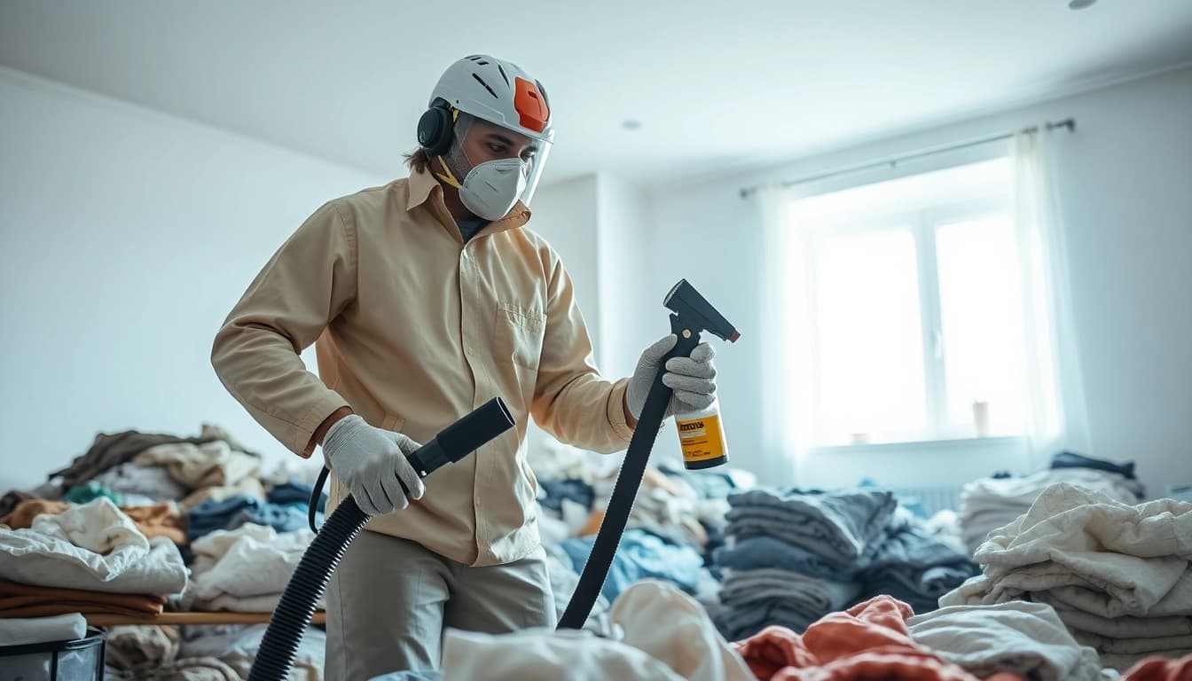 Effective clothes moth extermination by a technician using specialized tools in a bright room.