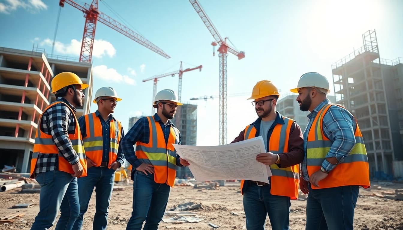 Showcasing Careers in construction, workers in safety gear collaborate on-site with blueprints.