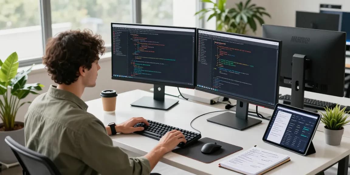 Developer coding 纸飞机中文版 app at a modern office desk with dual monitors and tech gadgets.