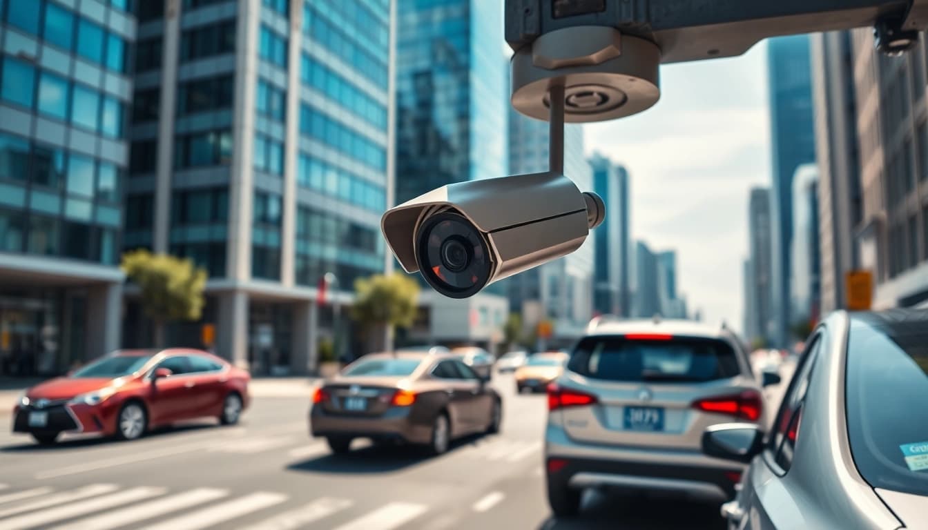 Automatic license plate recognition system capturing vehicle details in an urban setting.
