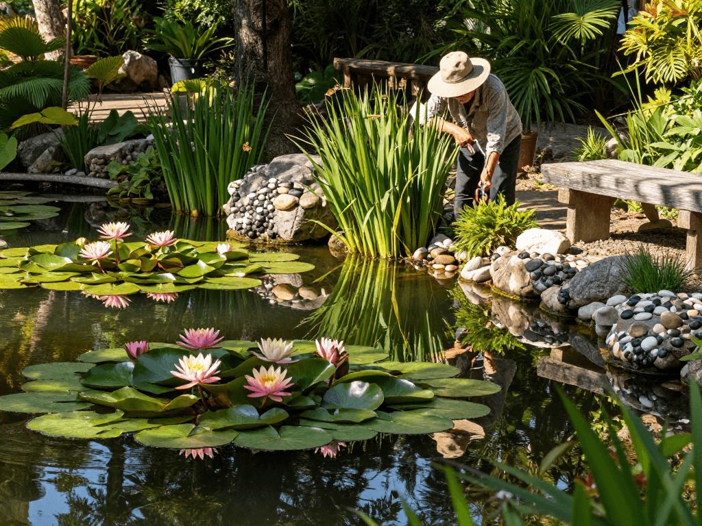 Buy Water Lilies in a tranquil garden with blooming flowers and a gardener at work