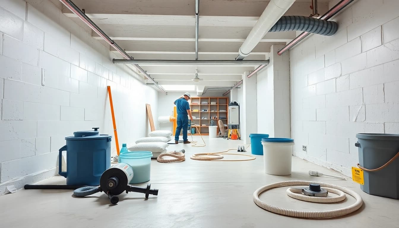 Crawl Space Restoration showcasing professionals applying waterproofing measures in a bright workspace.