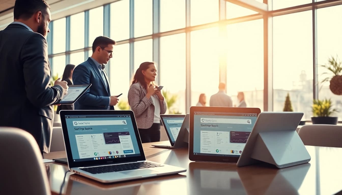 Engaging workspace featuring enterprise search tools on multiple devices enhancing productivity and collaboration.