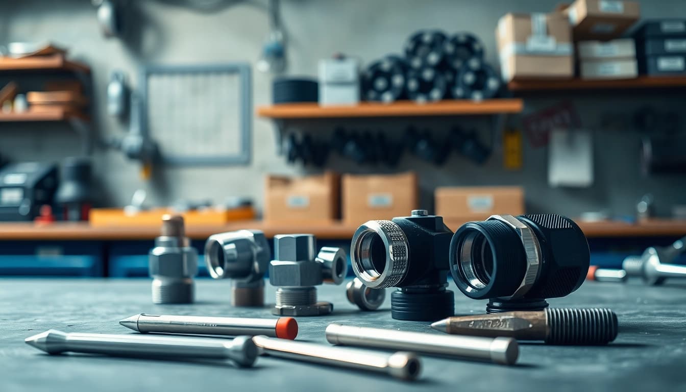 Showcase detailed 360-degree swivel AN fittings in a professional workshop setting.
