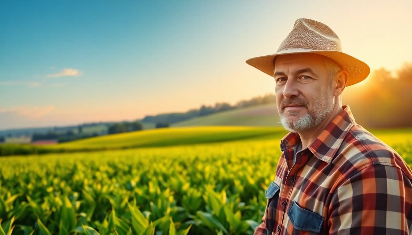 Explore agriculture law through a farmer inspecting crops in a vibrant field.