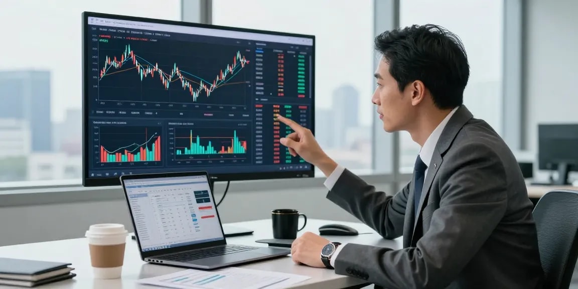 Expert analyzing trading market insights on display in a modern office.