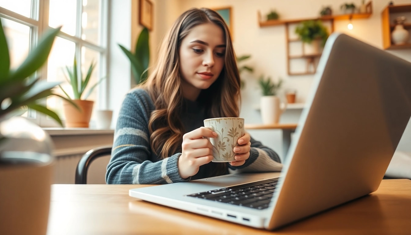 Engaging scene of a blogger working on a UK Lifestyle Blog in a cozy café with tea and laptop.