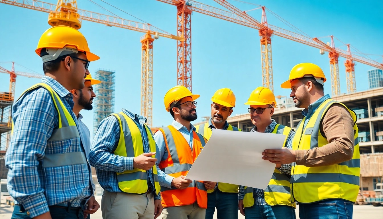 Engaged construction workforce development professionals strategizing on-site with plans.