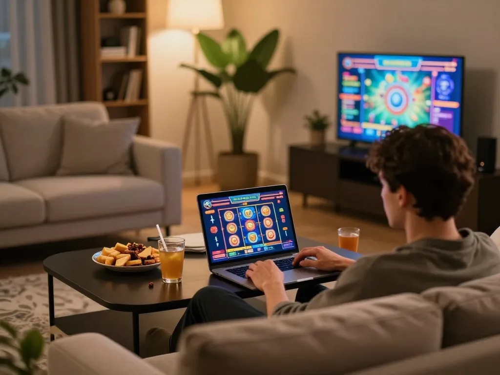 Engaging in mm88 online slot gaming, showcasing a vibrant interface and cozy home setup.