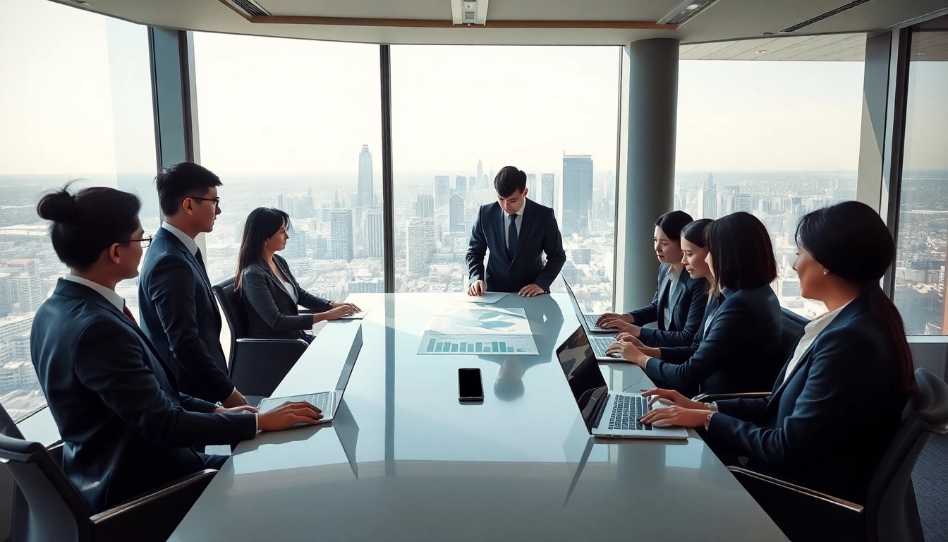 Dynamic business meeting about 출장 in a modern office with cityscape.