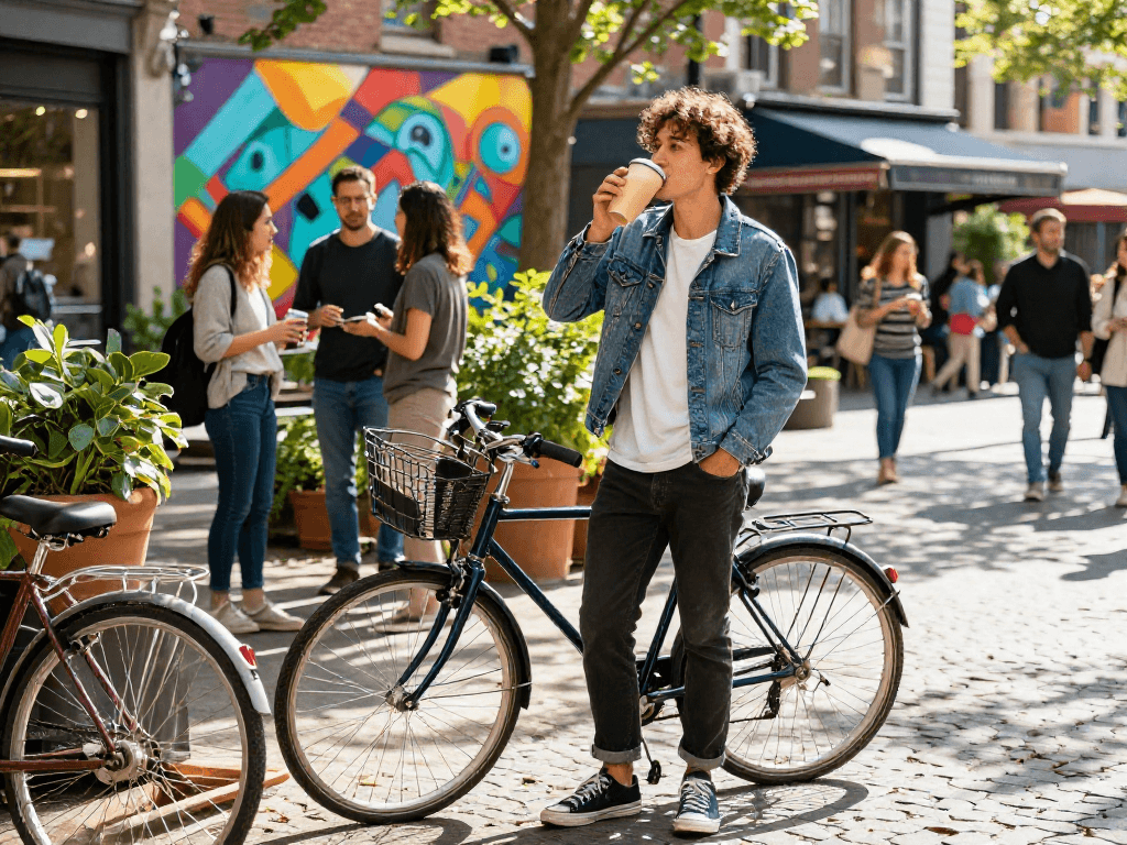 Young adult enjoying an eco-friendly drink in a vibrant urban setting, embodying the Motchill lifestyle.