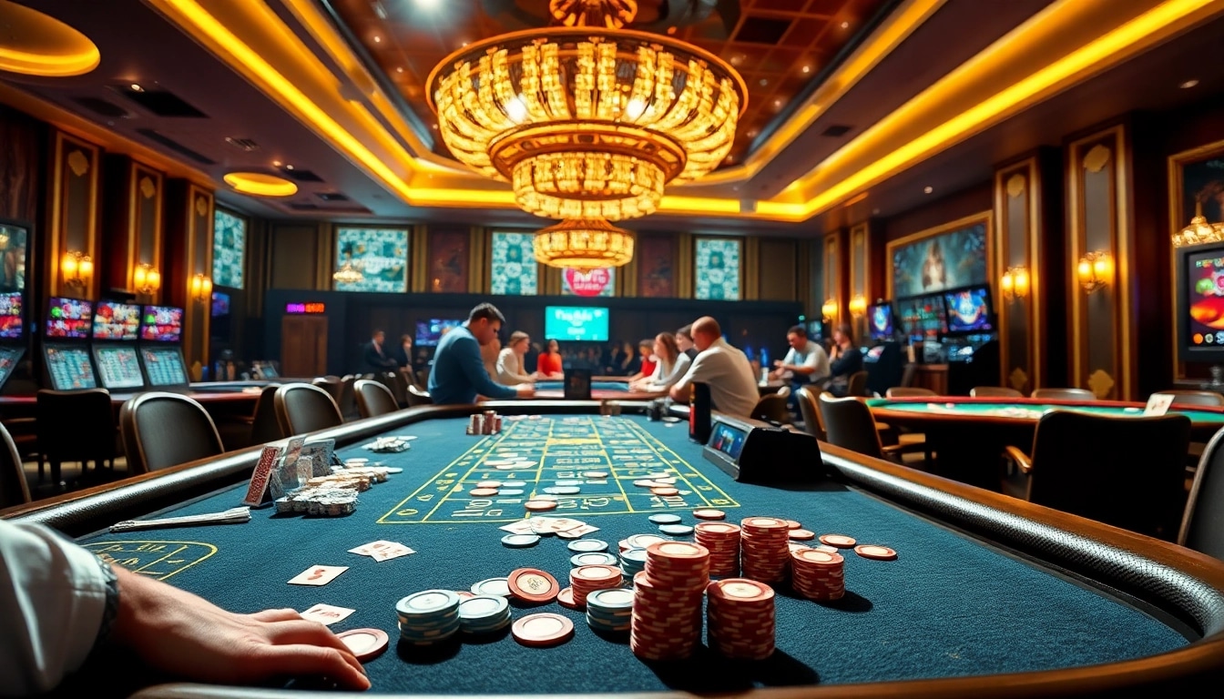 Online casino spielen in einem lebhaften Umfeld mit aufregenden Casino-Spielen und farbenfrohen Spielchips.