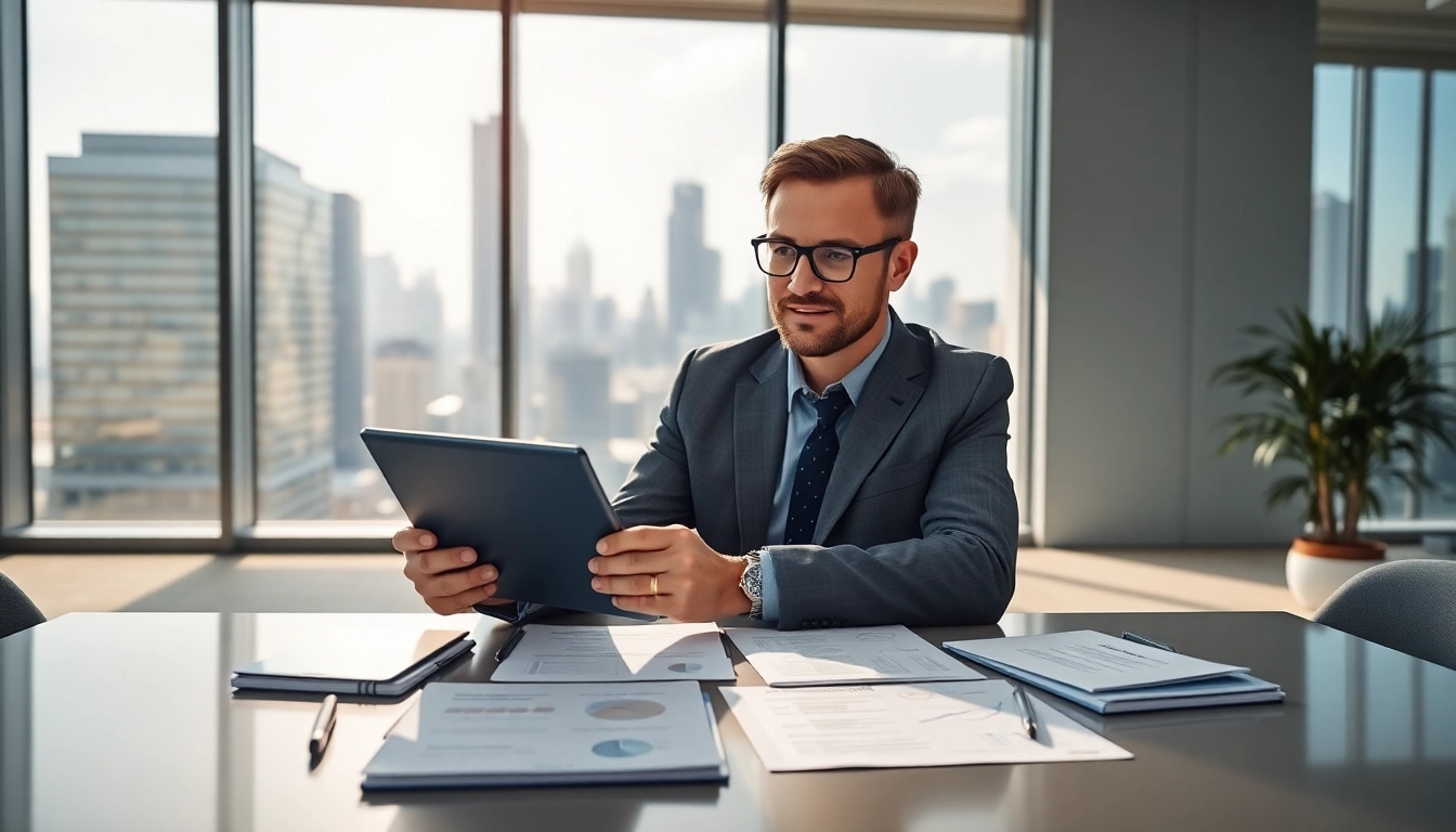 Crisis management consultant analyzing strategies in a modern office setting.