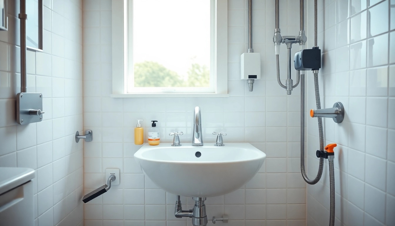 Sonni sanitär GmbH zeigt moderne Sanitärinstallation in einem hellen Badezimmer mit eleganten Armaturen.