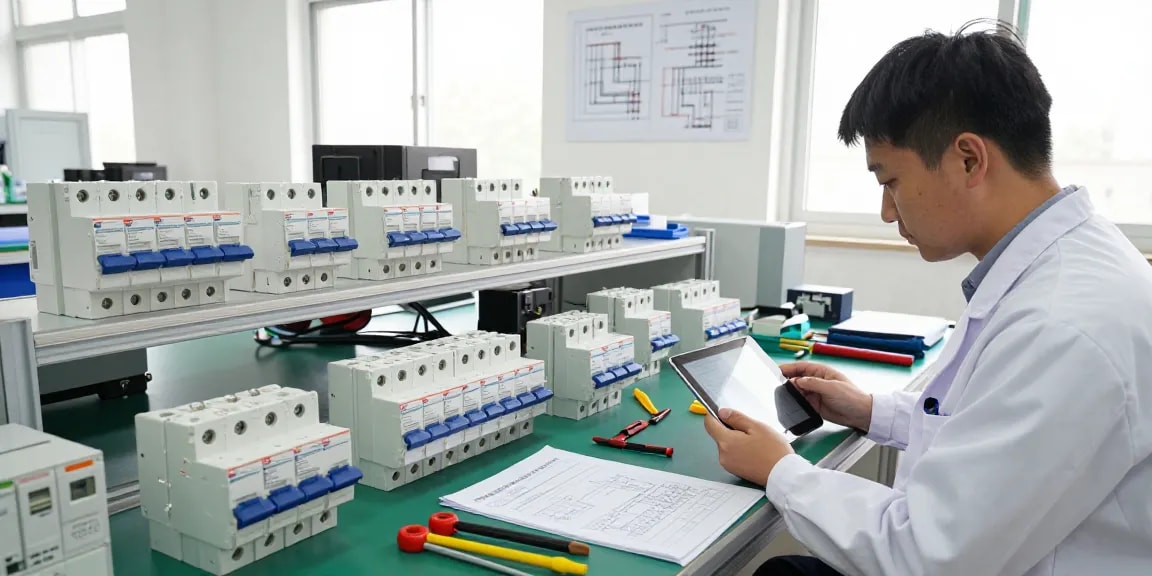 Engineers evaluating DC circuit breakers in a bright workshop focused on low-voltage electrical components.