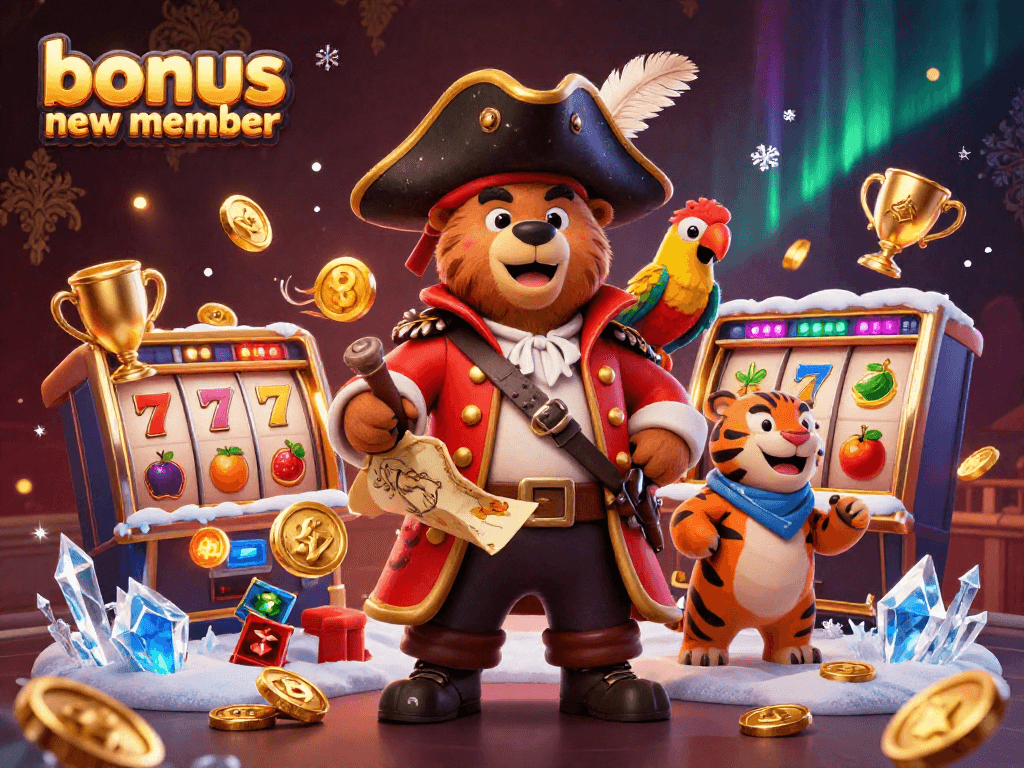 Win big with the bonus new member offer in this casino-themed illustration showcasing 3D characters and slot reels.