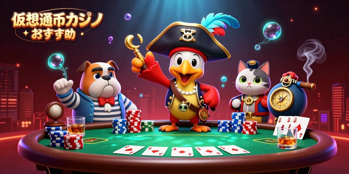 仮想通貨カジノおすすめを揃えた豪華な3Dイラスト。キャラクターが賭けの勝利を目指すシーン。