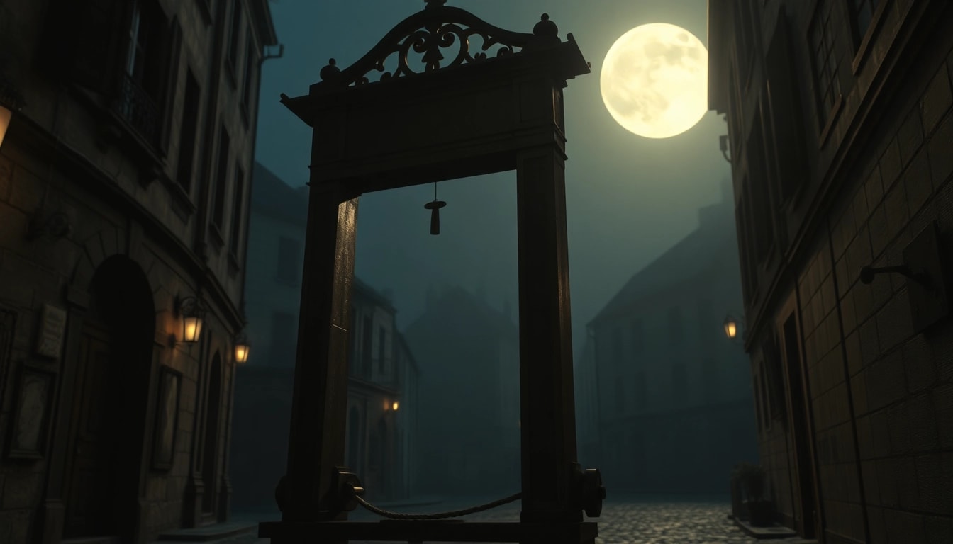 The guillotine origin phrase illustrated with a dramatic, historical context in a Parisian setting.