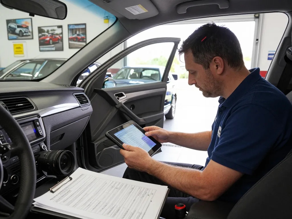 Kfz Sachverständiger Bonn inspiziert das Innere eines Autos mit Tablet und Werkzeugen in einer hellen Garage