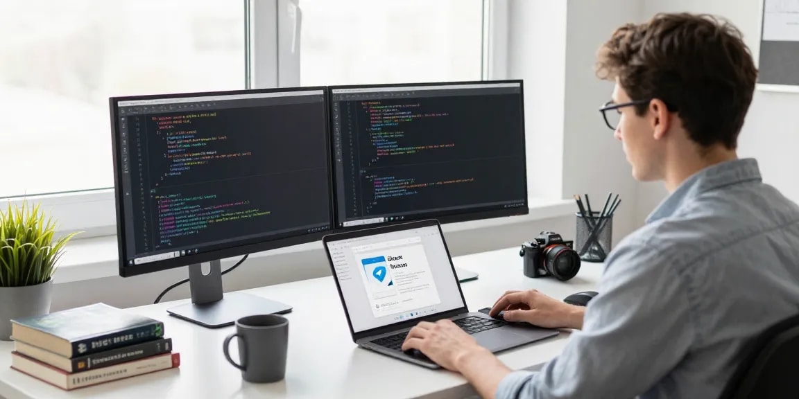 Developer using dual monitors to showcase 纸飞机下载 app in modern tech workspace.