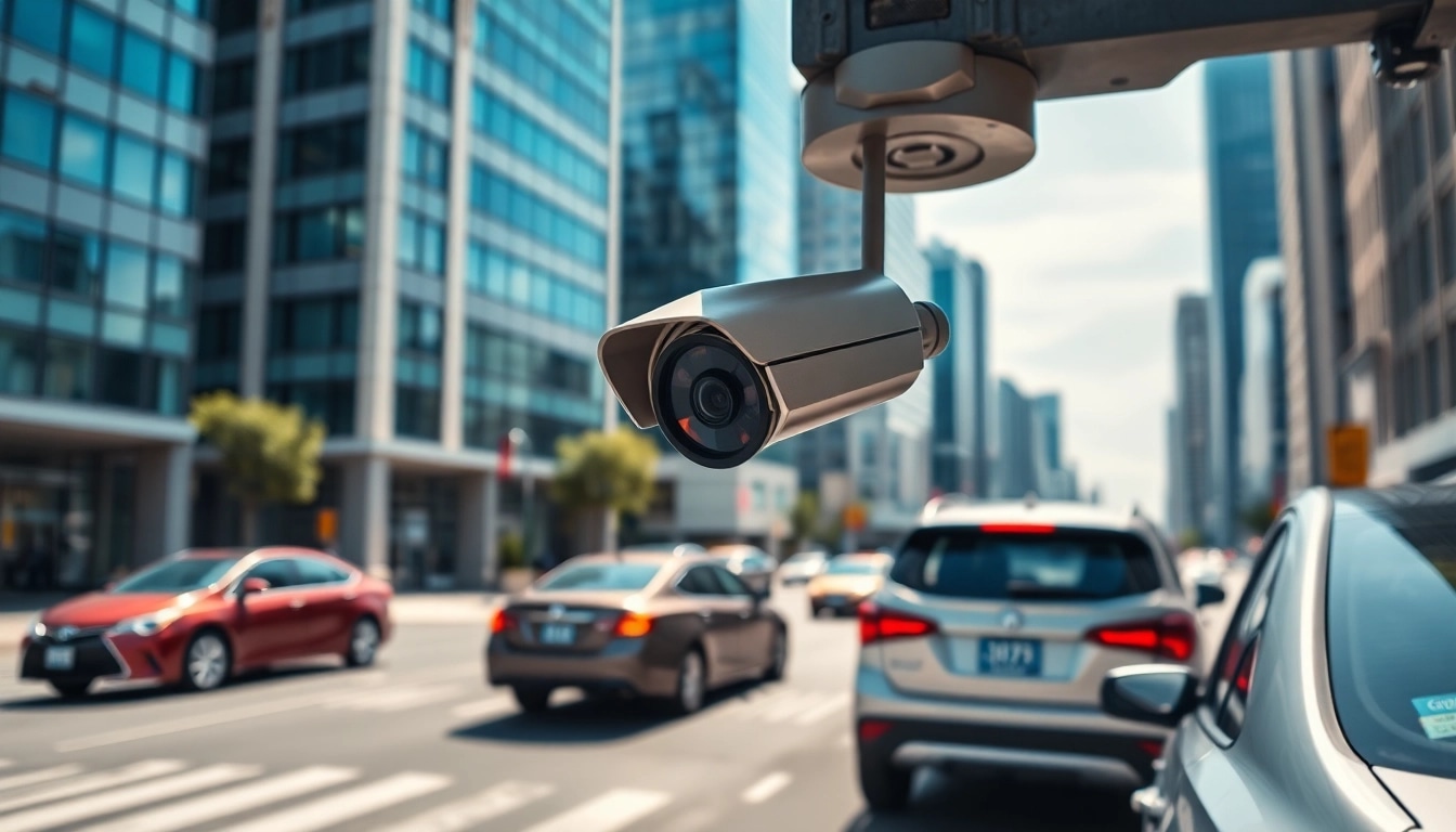 Automatic license plate recognition system capturing vehicle details in an urban setting.