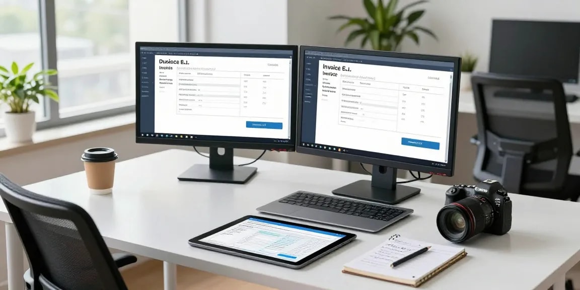 Detect fake invoice using advanced analytics software in a modern office setting.