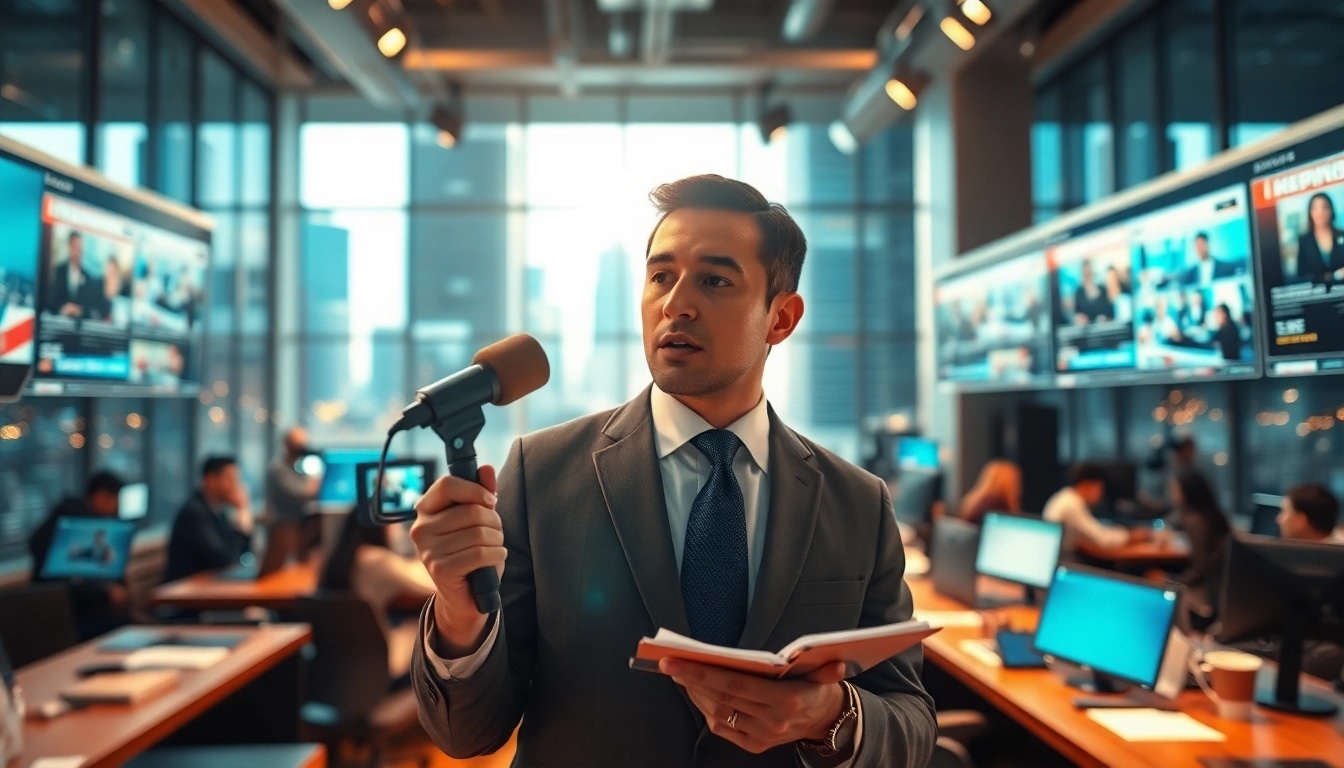 Journalist in action at https://www.thedailynewsonline.com newsroom, showcasing dynamic news reporting.