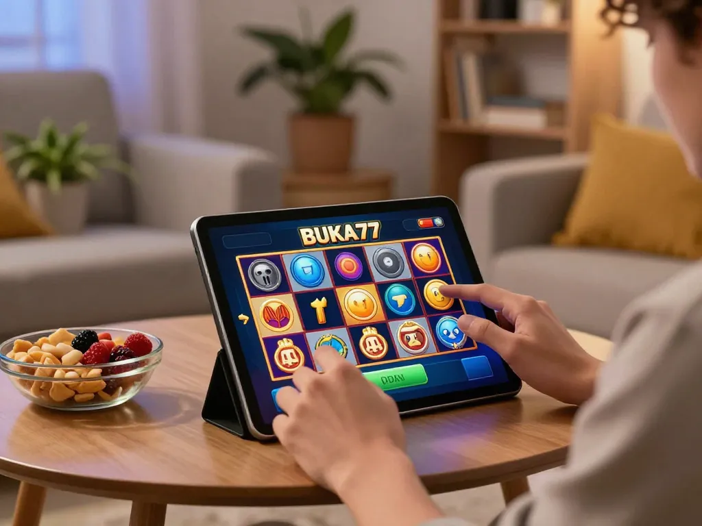 Engaging player enjoying BUKA77 slots at home, anticipating big wins in a cozy setting