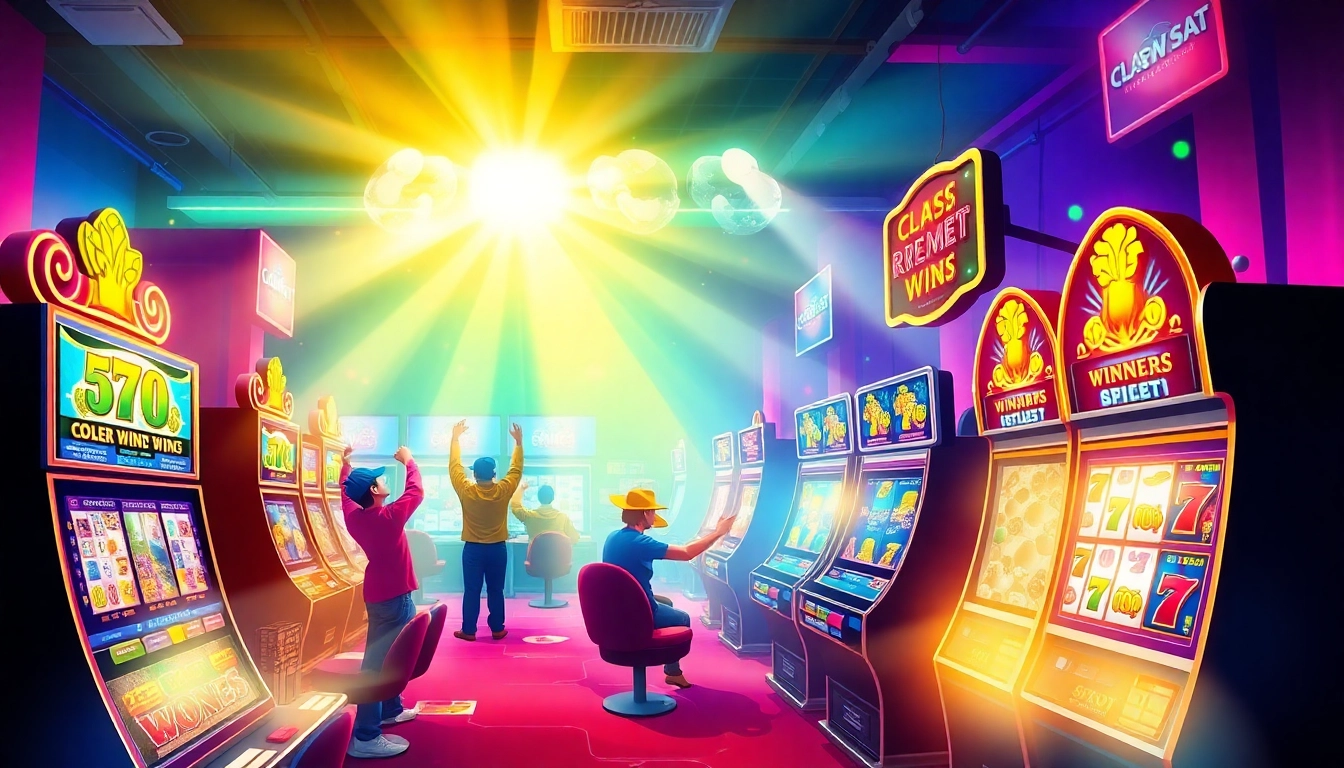 A vibrant online gaming scene showcasing aman788 with players winning at slot machines.