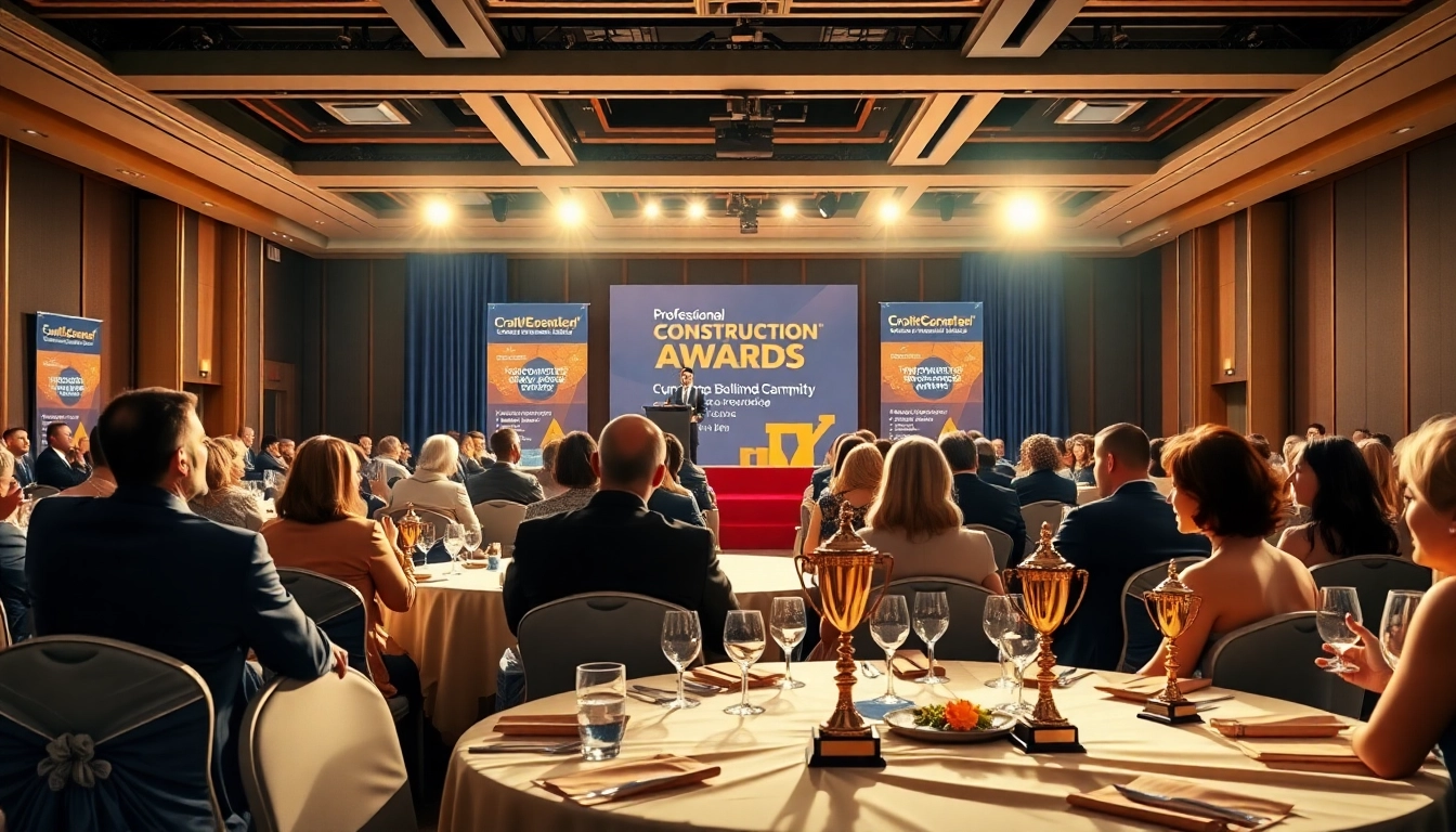 A dynamic scene of construction awards ceremony celebrating industry excellence.