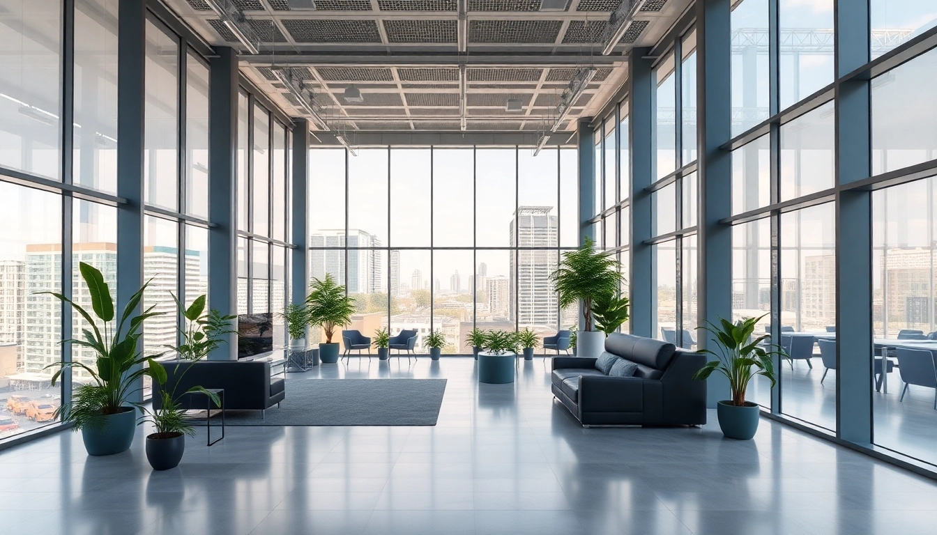 Modern office to rent nottingham featuring spacious reception and vibrant cityscape.