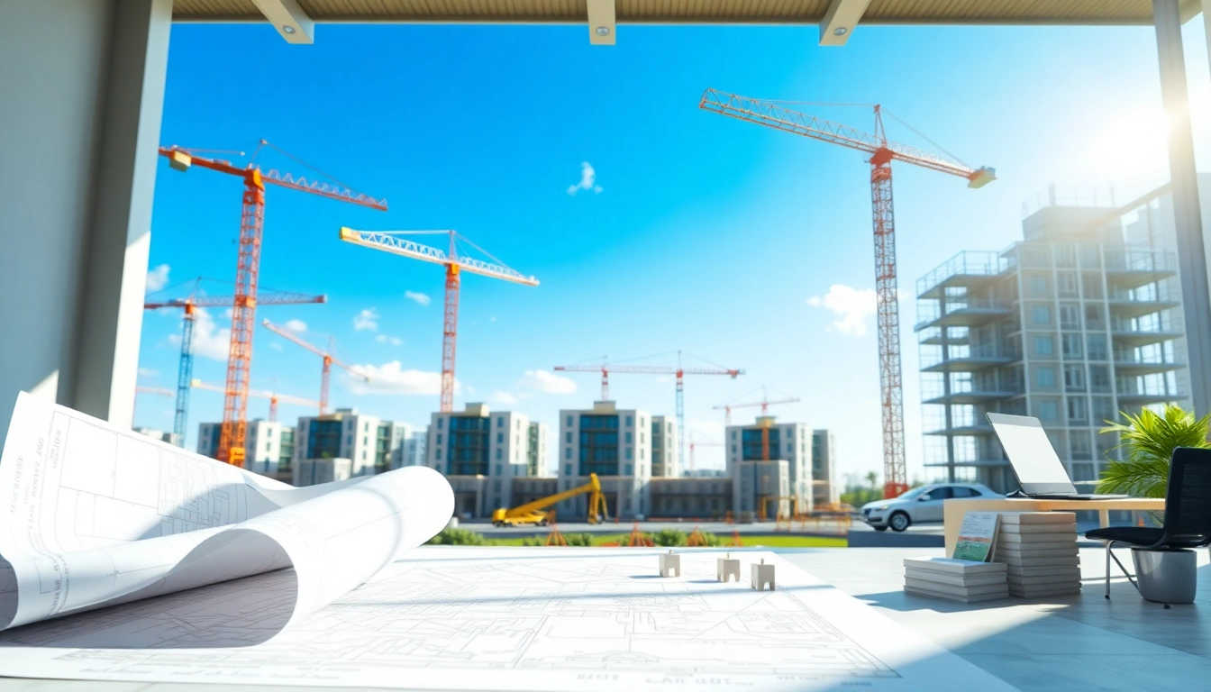 Residential building developer's innovative project design office with blueprints and construction site.
