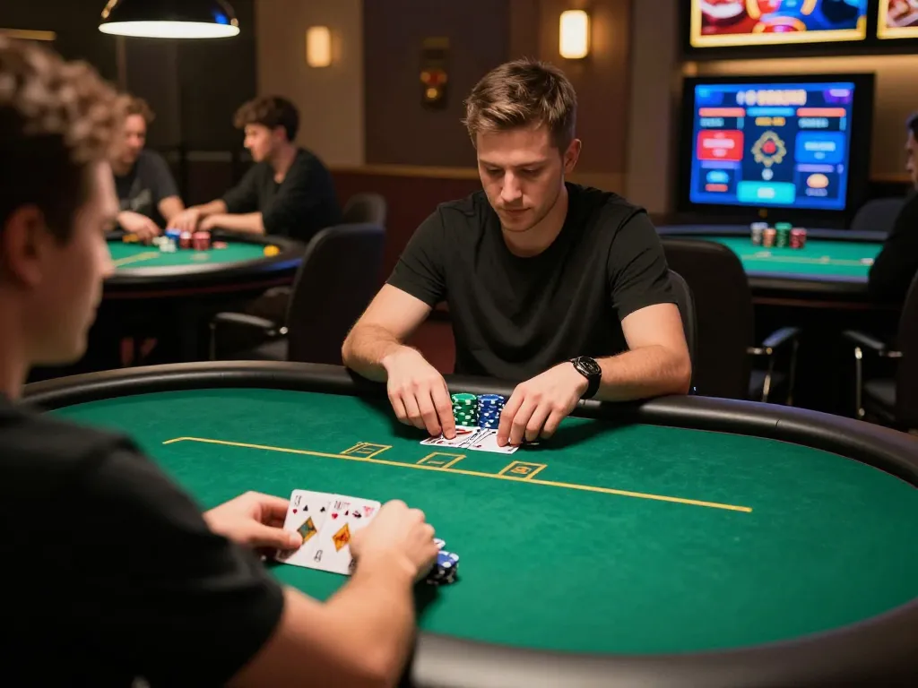 Experienced player strategizing on POKER88 poker game with vibrant table and chips.