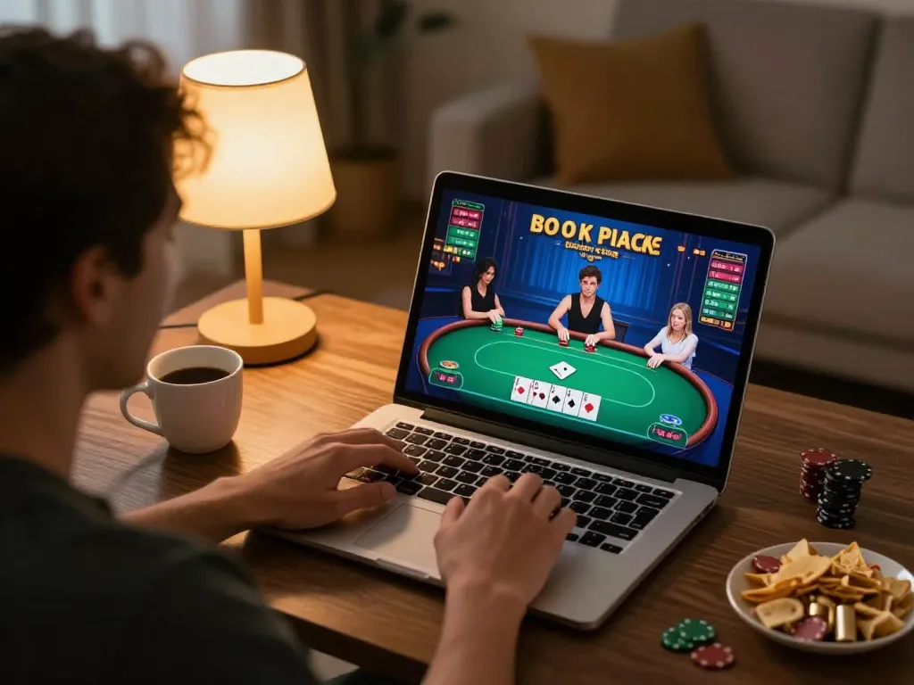 Person enjoying an okwin online poker game at home, capturing engaging gameplay in a cozy setting.