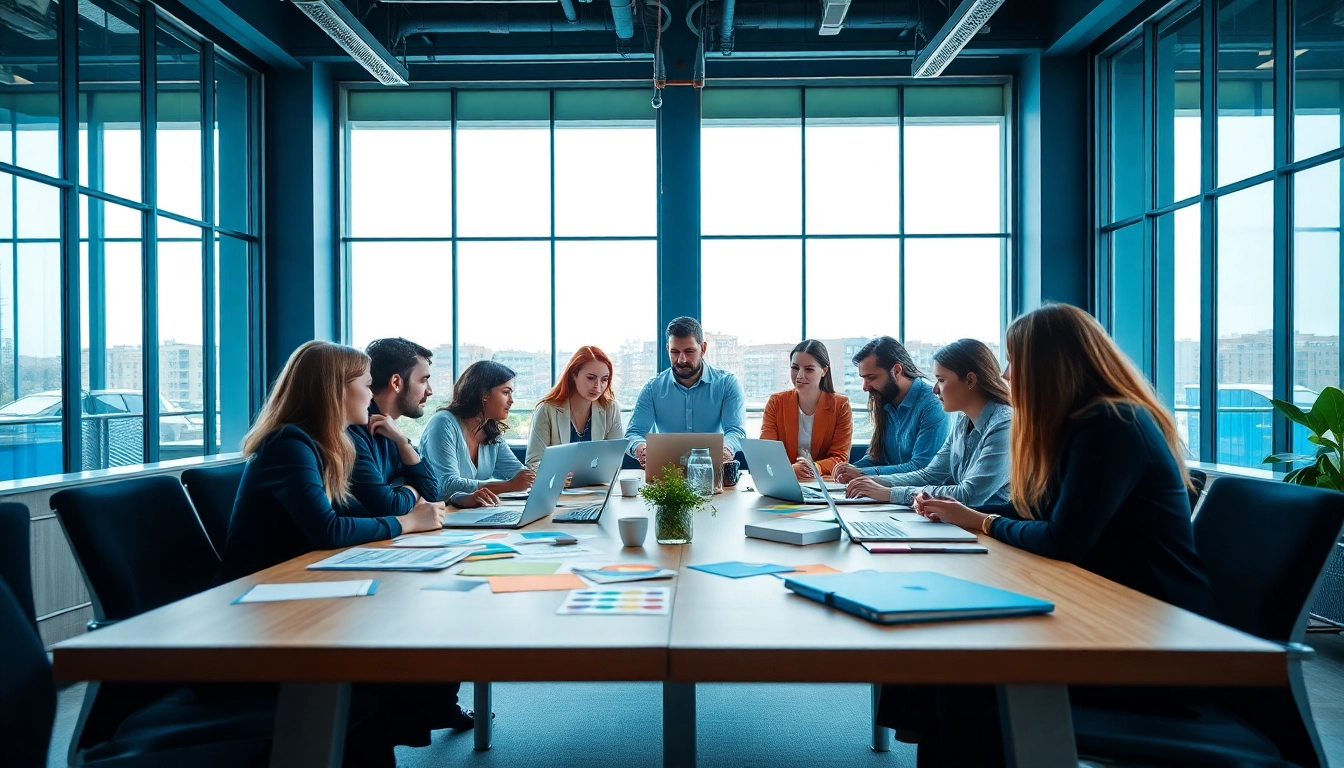 Collaboration in a modern social media agency workspace with diverse professionals brainstorming.