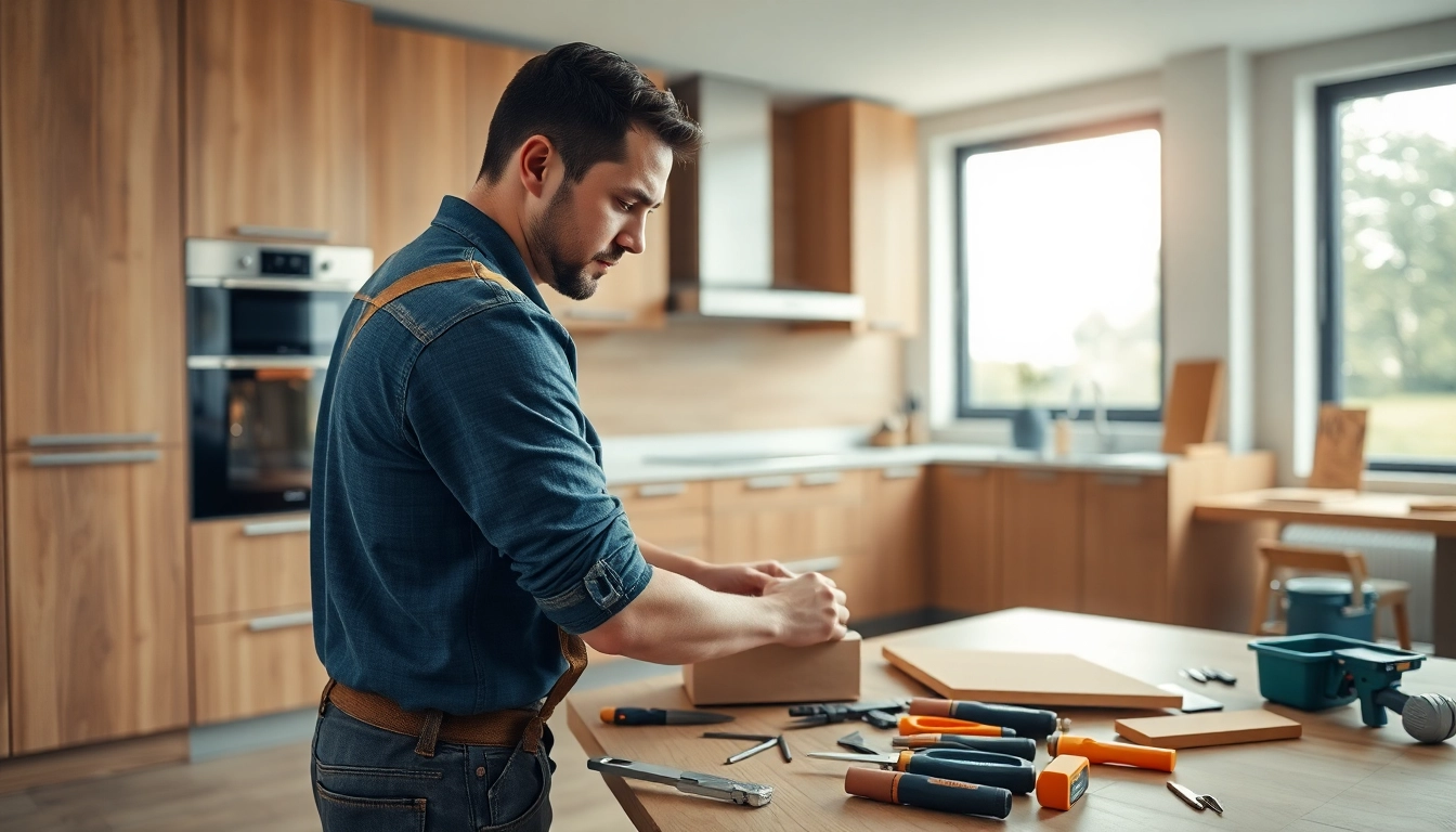 Skilled kitchen installer assembling cabinets for a modern kitchen setup.