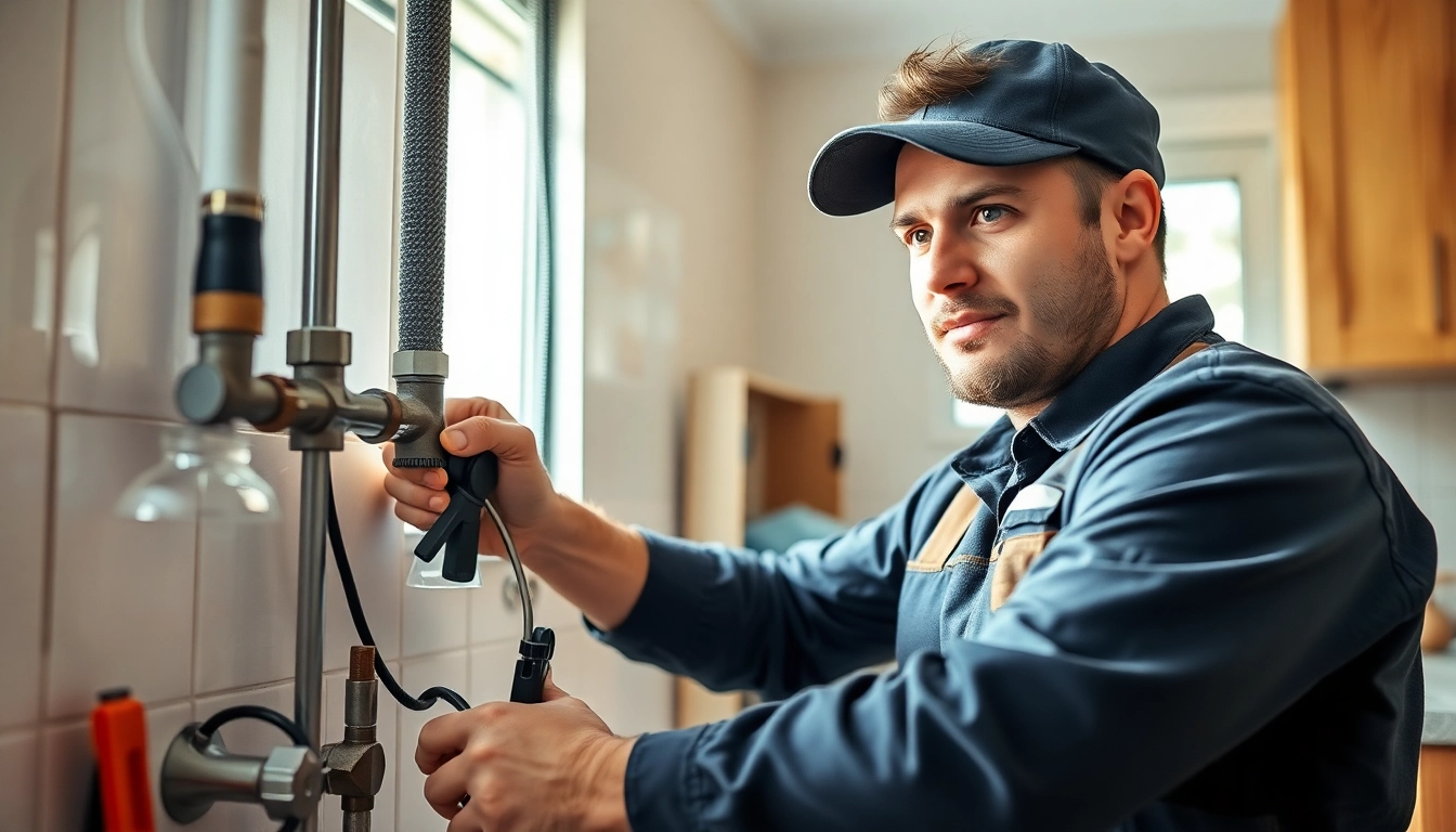 A skilled local plumber repairing pipes in a cozy kitchen environment.