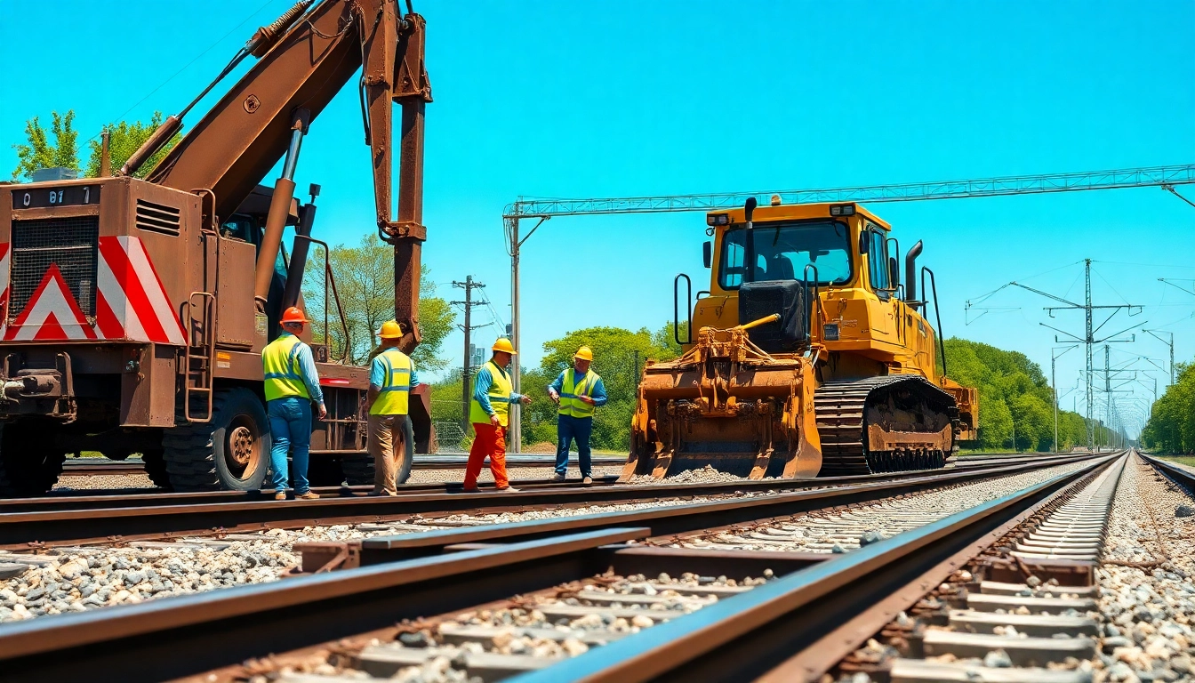 Railroad construction workers collaborating with machinery on site, enhancing infrastructure.