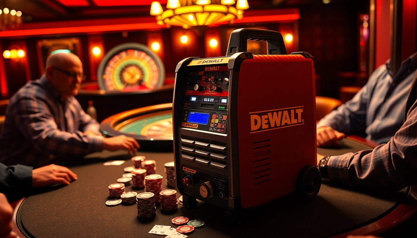 DeWalt welding machine enhances the excitement at a poker game table with vibrant colors.