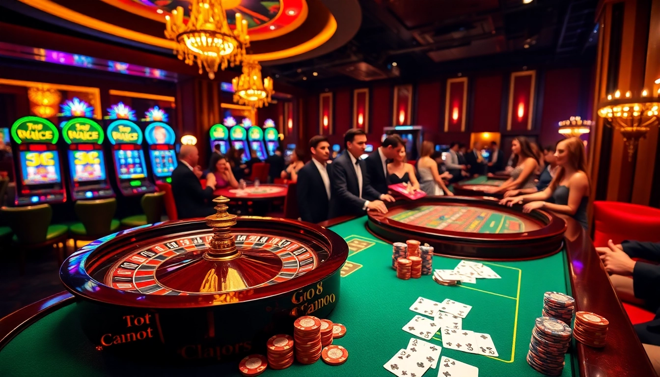 Players enjoying a thrilling GO8 casino experience with roulette, poker chips, and vibrant cards.